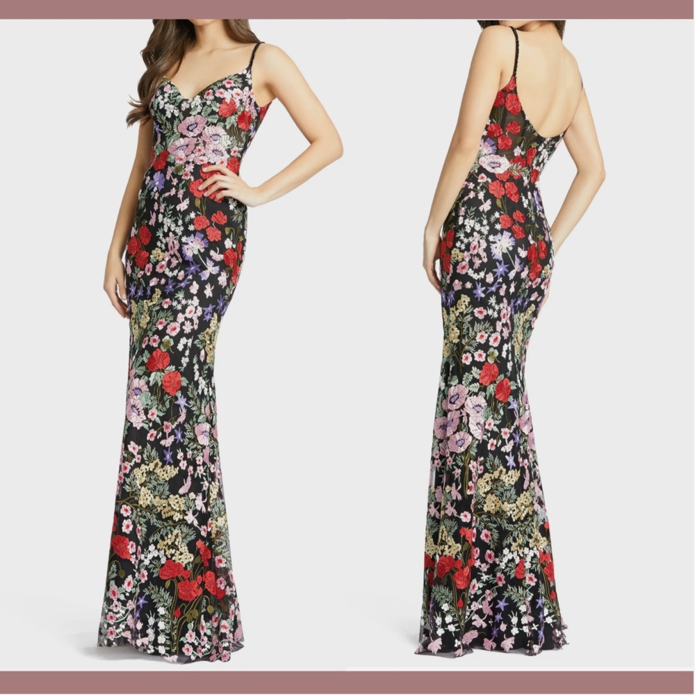 NWT $598‎ Mac Duggal [ 8 ] Floral Lace Embroidered Sweetheart Gown Black Red